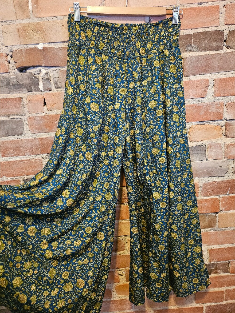 Coline Palazzo Pants — Blue & Gold Floral Print, Smocked Waist, L/XL